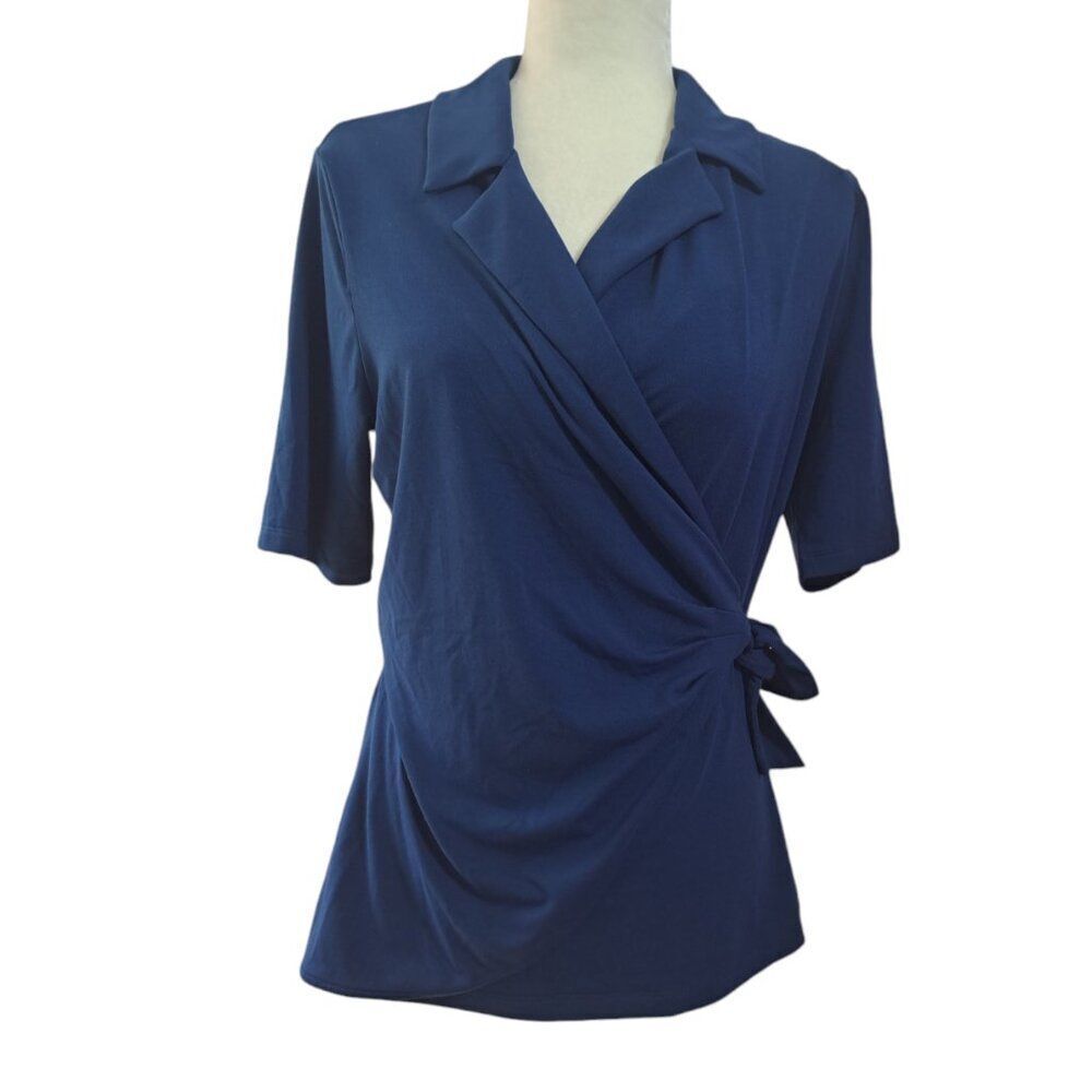Betabrand Women's Short Sleeves Faux Wrap Blouse Top Blue Sz Medium